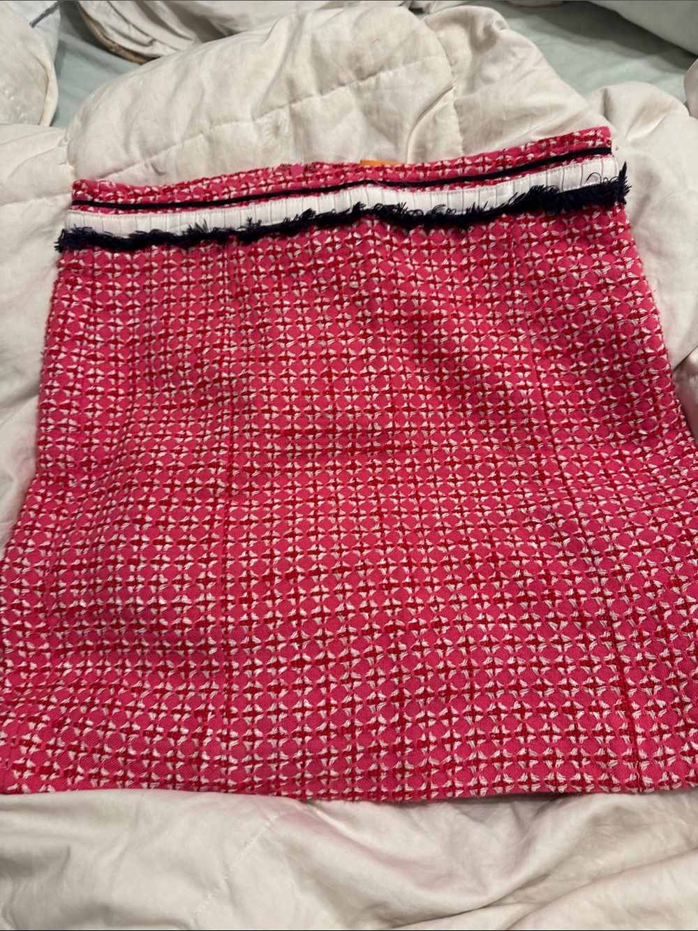 Tory Burch Hot Pink Tweed Mini Skirt with Navy Fringe Trim